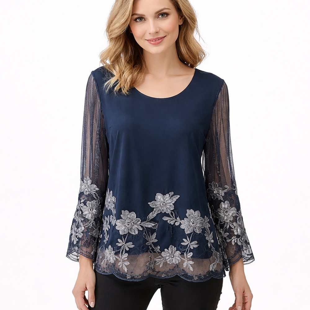 Chico’s blue embroidered sheer blouse top Medium business career professional